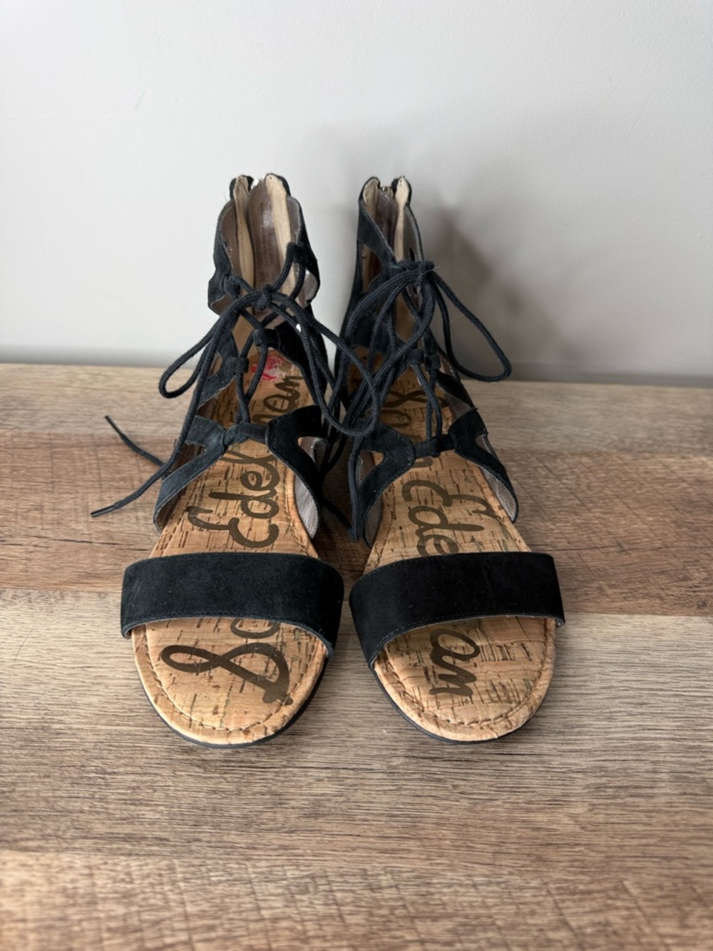SAM EDELMAN Black Suede Dean Gladiator Sandals Lace Up Cork Zipper Size 7 - Picture 5 of 12